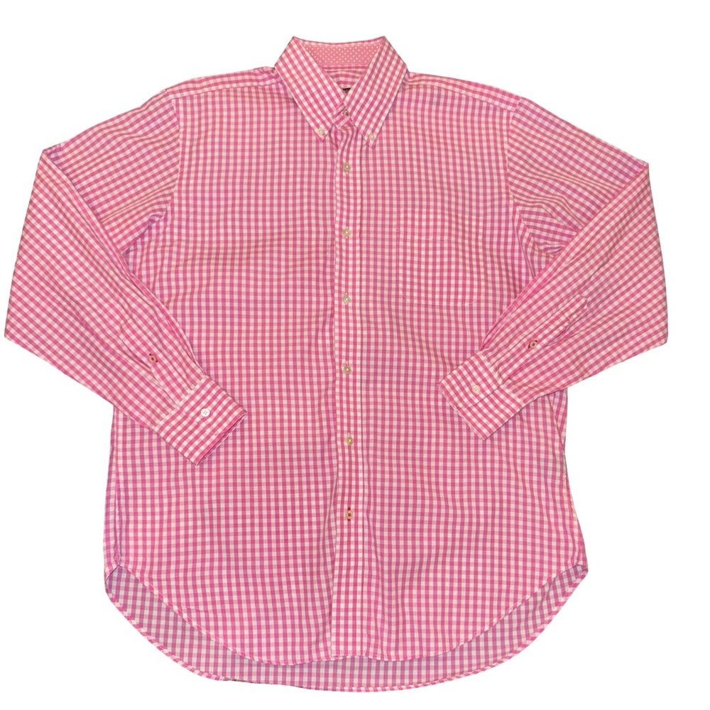 J. McLaughlin Men’s Pink Gingham Button Down Shirt Large EUC